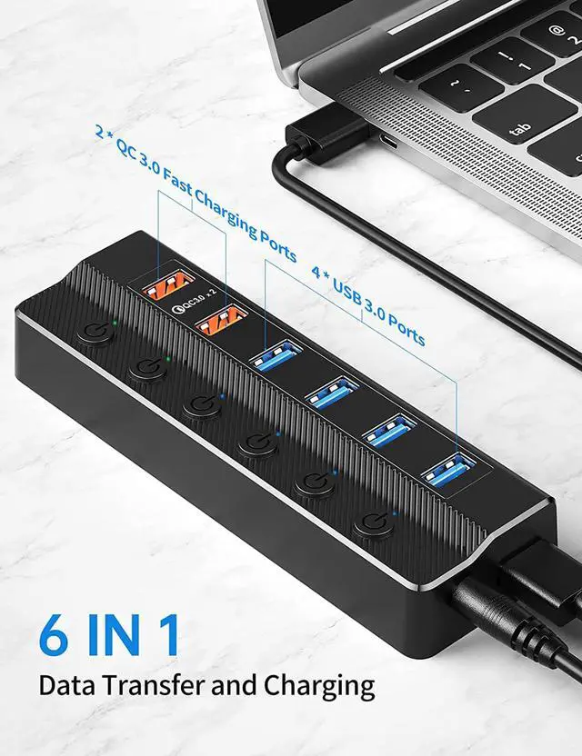 Alt view image 3 of 7 - Powered USB 3.0 Hub, 6-Port USB Hub (4*USB 3.0 Data Ports and 2*QC 3.0 USB Charging Ports) with Individual On/Off Switches, 12V/4A Power Adapter for Mac, PC, Laptop, Computer