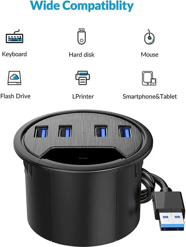 Alt view image 2 of 7 - Desk Grommet USB Hub, 4 Port USB 3.0 Hub, 5Gbps Data Transmission with 4.9ft Cord for Diameter 2.36" or 60mm Hole, Office Accessories, for PC, Flash Drive, HDD Enclosure and Other USB Devices