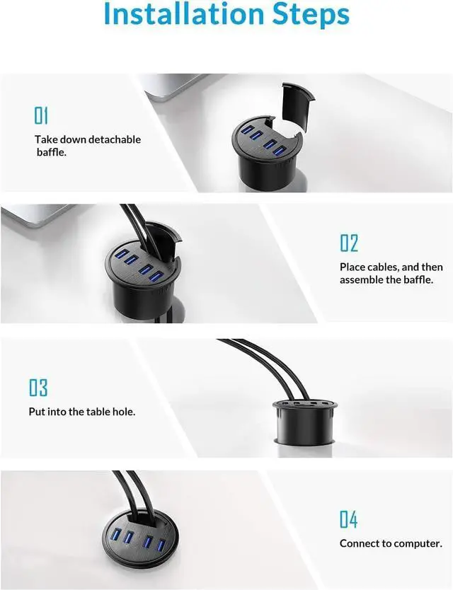 Alt view image 5 of 7 - Desk Grommet USB Hub, 4 Port USB 3.0 Hub, 5Gbps Data Transmission with 4.9ft Cord for Diameter 2.36" or 60mm Hole, Office Accessories, for PC, Flash Drive, HDD Enclosure and Other USB Devices