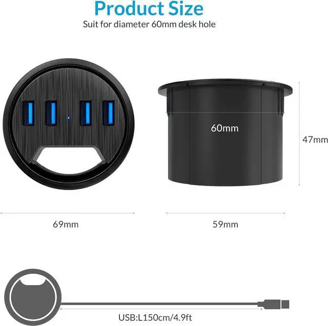 Alt view image 7 of 7 - Desk Grommet USB Hub, 4 Port USB 3.0 Hub, 5Gbps Data Transmission with 4.9ft Cord for Diameter 2.36" or 60mm Hole, Office Accessories, for PC, Flash Drive, HDD Enclosure and Other USB Devices