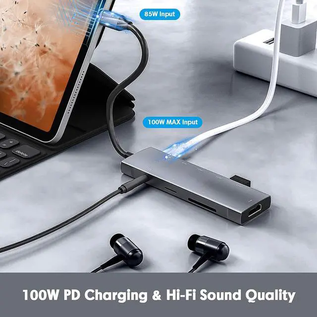 Alt view image 3 of 7 - USB C Hub, 9 in 1 Multiport USB Type C Adapter with 100W Power Delivery, 4K HDMI Output, 3 USB 3.0 and USB-C 5 Gbps Data Ports, SD/TF Card Reader,3.5mm Headphone Jack, for Mac-Book Type C Laptops