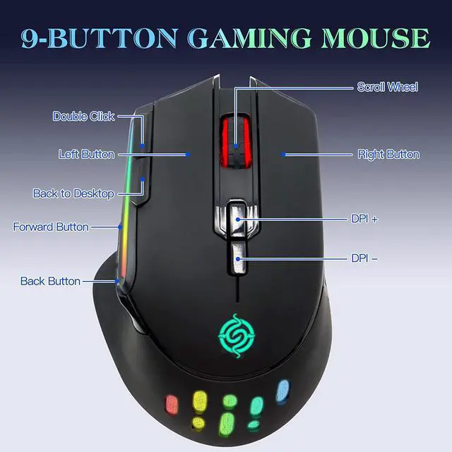 Alt view image 7 of 7 - Wireless Gaming Mouse, Rechargeable Wireless Computer Mouse with 13 RGB Led Light, 9 Buttons Gamer Mouse Wireless, 3-Speed Adjustable DPI [up to 2400dpi] Computer Mice, Ergonomic Mouse for Windows/Mac