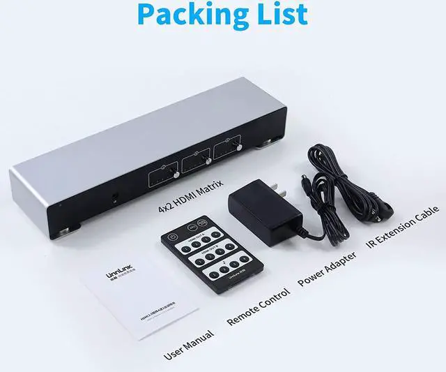 Alt view image 7 of 7 - ARC 4x2 4K HDMI Matrix Switch, 4 in 2 Out HDMI Switcher Splitter Box with 7.1CH HDMI Audio + Optical 5.1CH + 3.5mm Stereo Audio Output Support 4K @60Hz, EDID, IR Remote, HDMI 2.0, HDCP 2.2
