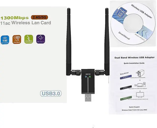 Alt view image 7 of 7 - USB 3.0 WiFi Adapter,1300Mbps Dual Band 2.4/5GHz Wireless Network External Receiver, Mini WiFi Dongle Wireless Adapter for WIN7 8 10 11 XP MAC Linux, USB 3.0 Computer Network Card WiFi Adapters