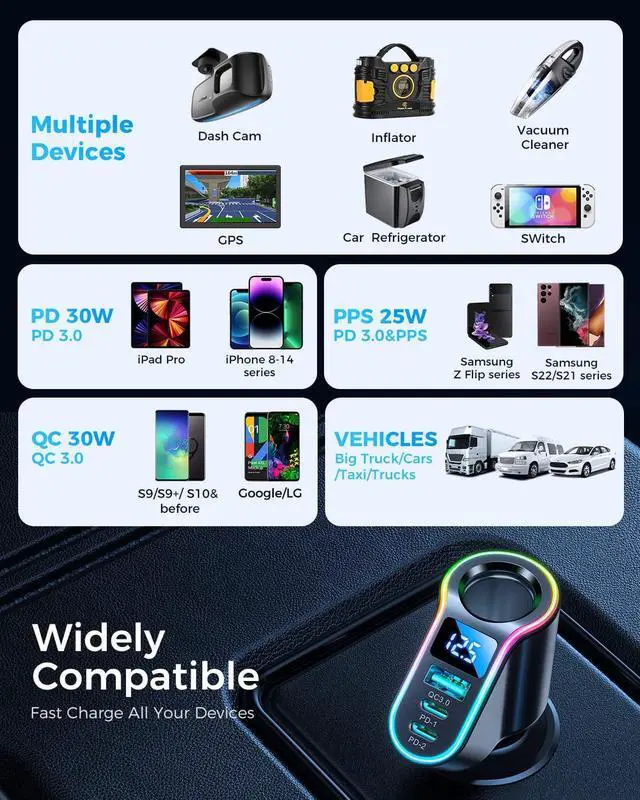 Alt view image 5 of 7 - 150W 4 in 1 Car Cigarette Lighter USB Charger 12V Car Charger Adapter, PD3.0 & QC3.0 30W Super Fast USB C Car Charger Compatible with i-Phone14 Pro Max/Pro/Samsung/GPS/Dash Cam