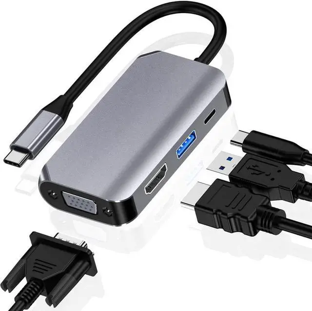 Main image of USB C Hub, Type-C to HDMI VGA Adapter with USB3.0 / USB-C PD Charging Port, 4 in 1 Type C Hub Multiport Adapter (Aluminum Shell) Compatible with MacBook Pro, i-Pad Pro, i-Mac, XPS and More, Gray