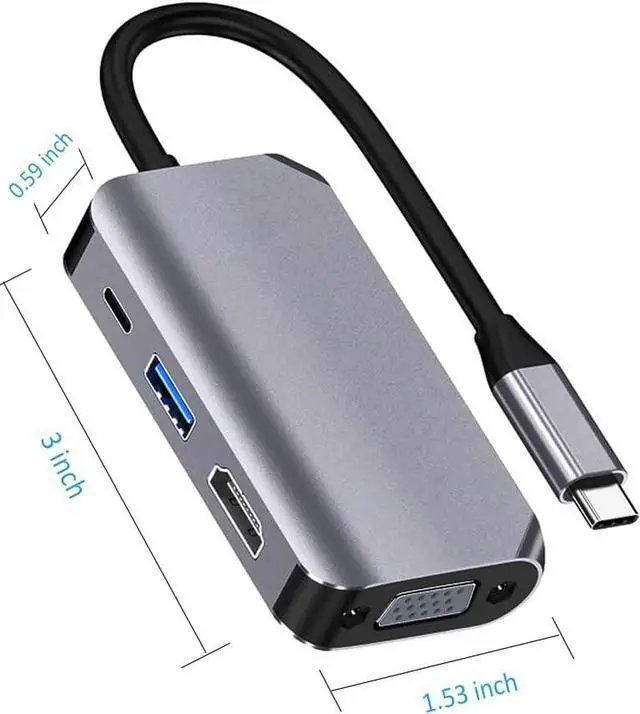 Alt view image 6 of 7 - USB C Hub, Type-C to HDMI VGA Adapter with USB3.0 / USB-C PD Charging Port, 4 in 1 Type C Hub Multiport Adapter (Aluminum Shell) Compatible with MacBook Pro, i-Pad Pro, i-Mac, XPS and More, Gray