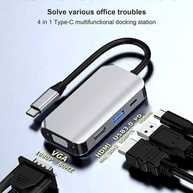Alt view image 5 of 7 - USB C Hub, Type-C to HDMI VGA Adapter with USB3.0 / USB-C PD Charging Port, 4 in 1 Type C Hub Multiport Adapter (Aluminum Shell) Compatible with MacBook Pro, i-Pad Pro, i-Mac, XPS and More, Gray