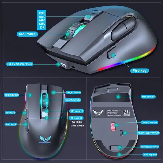 Alt view image 5 of 7 - Gaming Mouse Wireless, RGB Gaming Mice with 3200 DPI Adjustable, Computer Gamer Mouse Ergonomic Optical, 7 Buttons, Type C Fast-Charging, 10 Millons buttons life, RGB Gamer Desk Laptop PC Gaming Mouse