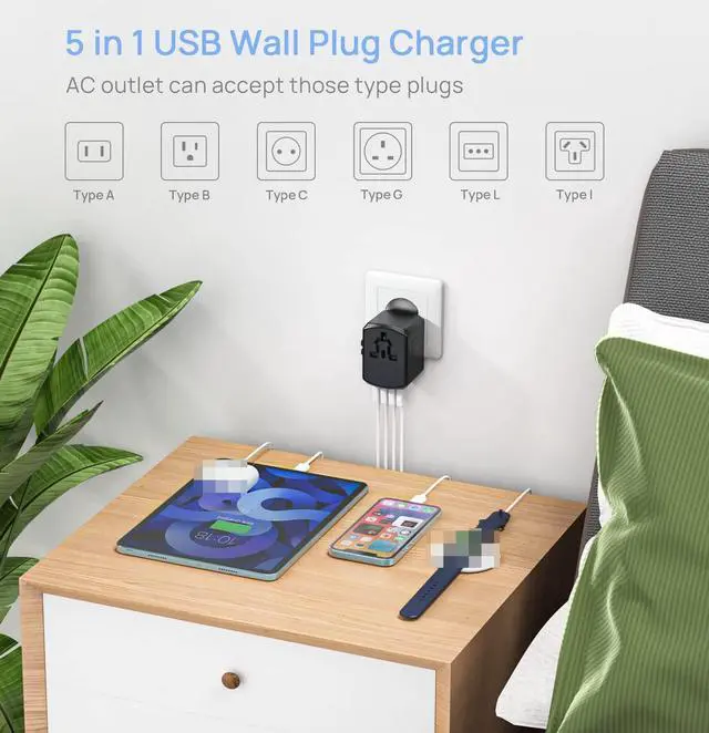 Alt view image 6 of 6 - Universal Travel Adapter, International Wall Plug Adapter with 4 USB Ports(2.4A),  AC Outlet Worldwide Adapter Wall Power Charger Converters for USA EU Europe UK AUS (Type C/G/A/I)