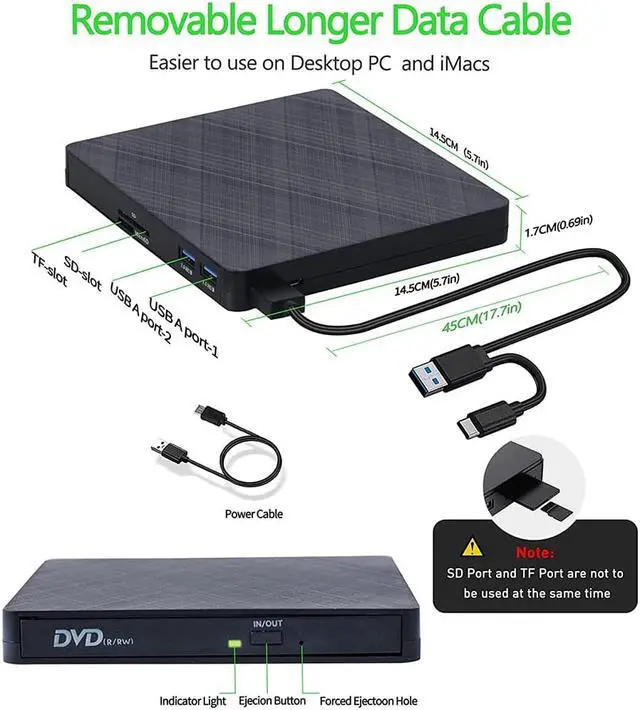 Alt view image 5 of 7 - [5 in 1] External CD DVD Drive, CD Drive USB 3.0 Type C CD/DVD-ROM +/-RW External CD/DVD Drive Burner Adapter with 2 USB Ports SD/TF Card Solt for Laptop Desktop PC, Compatible with Windows Mac Linux