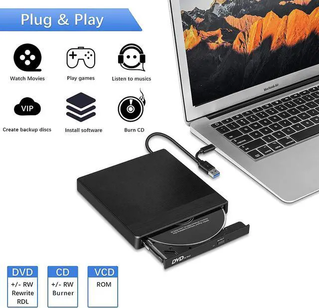 Alt view image 2 of 7 - External CD/DVD Drive for Laptop, USB 3.0 & Type-C External CD/DVD +/-RW DVD Burner Reader External Optical CD DVD Drive with SD TF Card Reader 2 USB Port for Laptop Desktop Mac OS Windows Linux
