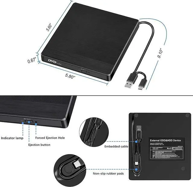 Alt view image 4 of 7 - External CD/DVD Drive for Laptop, USB 3.0 & Type-C External CD/DVD +/-RW DVD Burner Reader External Optical CD DVD Drive with SD TF Card Reader 2 USB Port for Laptop Desktop Mac OS Windows Linux
