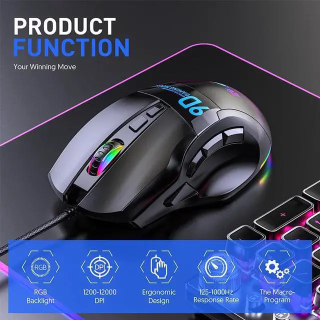 Alt view image 3 of 7 - Wired Gaming Mice USB, High Precision Wired Gaming Mouse, Ergonomic Optical Mouse Sensor, 9 Buttons, 6 DPI Adjustable up to 12000 DPI with RGB Backlit Gaming Mouse for Computers (Black)