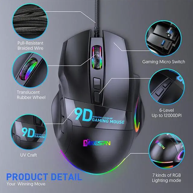 Alt view image 6 of 7 - Wired Gaming Mice USB, High Precision Wired Gaming Mouse, Ergonomic Optical Mouse Sensor, 9 Buttons, 6 DPI Adjustable up to 12000 DPI with RGB Backlit Gaming Mouse for Computers (Black)