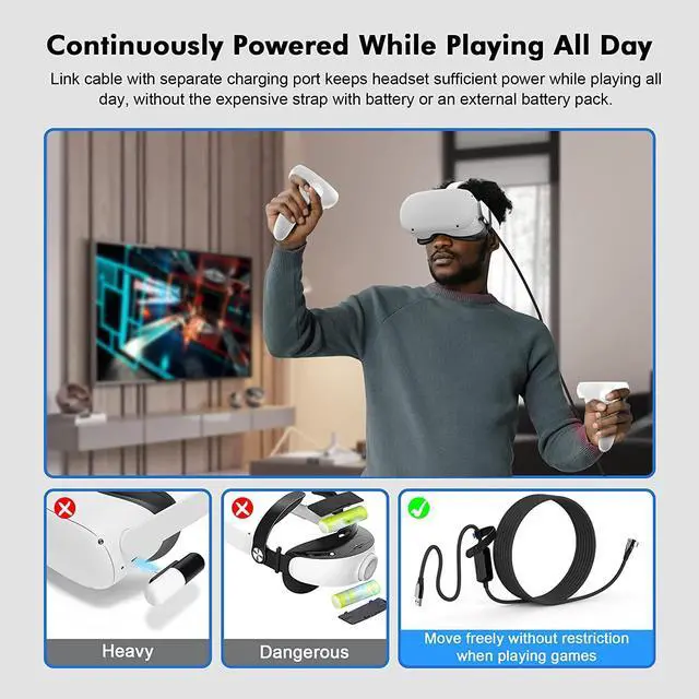 Alt view image 7 of 7 - Upgraded VR Link Cable 16FT / 5M for Oculus Quest 2, with Separate Charging Port for Ultra-Durable Power, High Speed Data Transfer USB 3.0 Type A to C Cable for VR Headset Accessories and Gaming PC