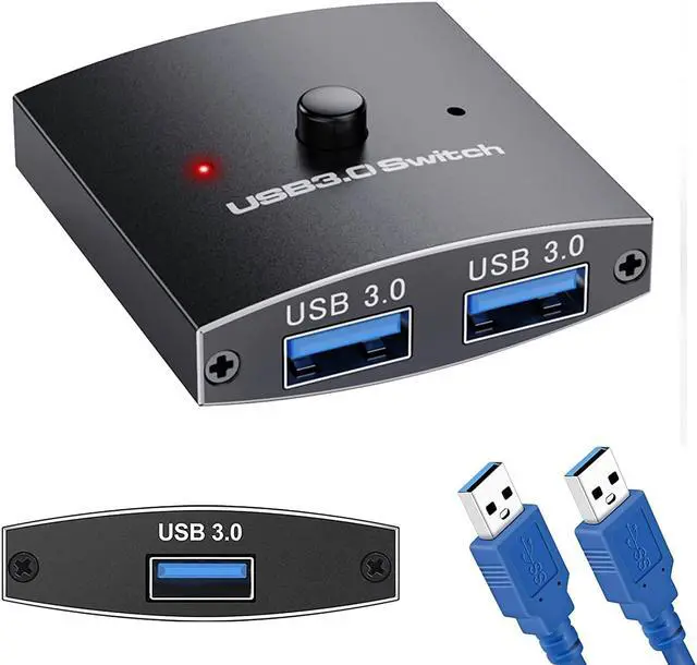 Main image of 2 Port USB 3.0 Switch Selector, Bi-directional USB Sharing Switch [2 in 1 Out/ 1 in 2 Out], USB3.0 KVM Switcher Box Adapter for Keyboard, Mouse, Scanner, Printer (2 Pack USB 3.0 Cable Included)