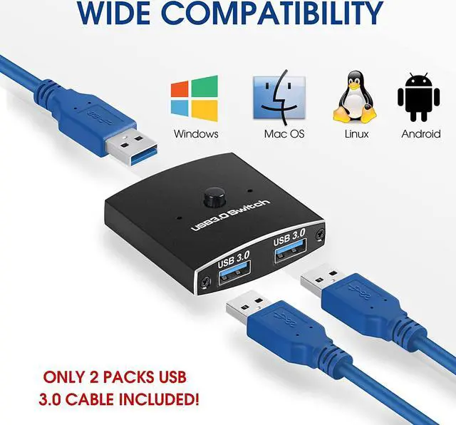 Alt view image 6 of 7 - 2 Port USB 3.0 Switch Selector, Bi-directional USB Sharing Switch [2 in 1 Out/ 1 in 2 Out], USB3.0 KVM Switcher Box Adapter for Keyboard, Mouse, Scanner, Printer (2 Pack USB 3.0 Cable Included)