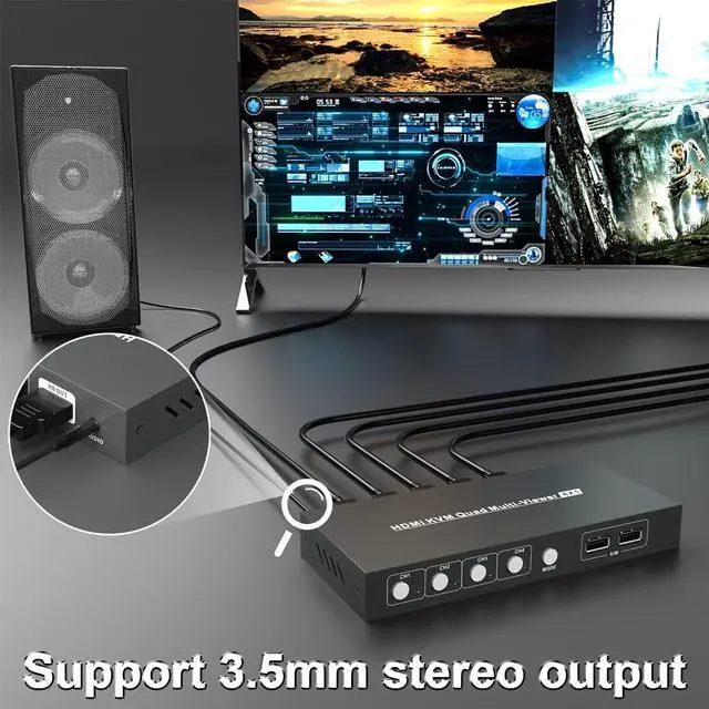 Alt view image 6 of 7 - HDMI Switch Multiviewer 4x1,4K@30Hz HDMI Multiviewer Switch, HDMI Quad Multiviewer Seamless Switch 4 in 1 Out, HDMI KVM Switch with 2 USB and Audio Ports,Support Mouse Sliding Switch Control
