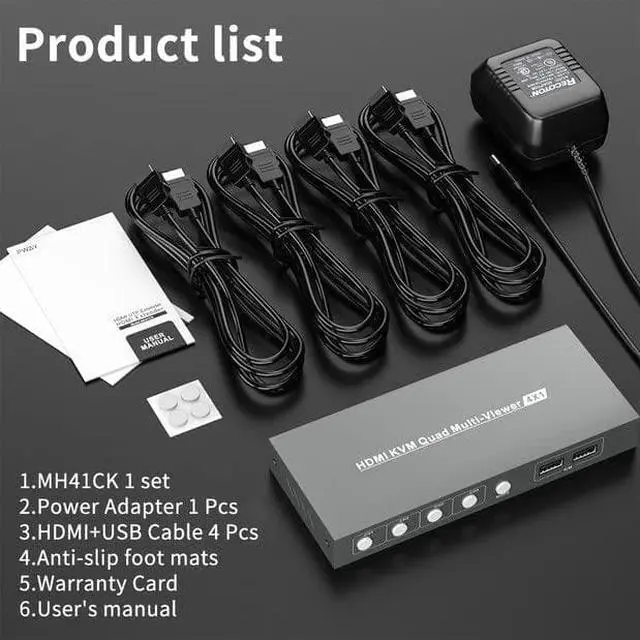Alt view image 7 of 7 - HDMI Switch Multiviewer 4x1,4K@30Hz HDMI Multiviewer Switch, HDMI Quad Multiviewer Seamless Switch 4 in 1 Out, HDMI KVM Switch with 2 USB and Audio Ports,Support Mouse Sliding Switch Control