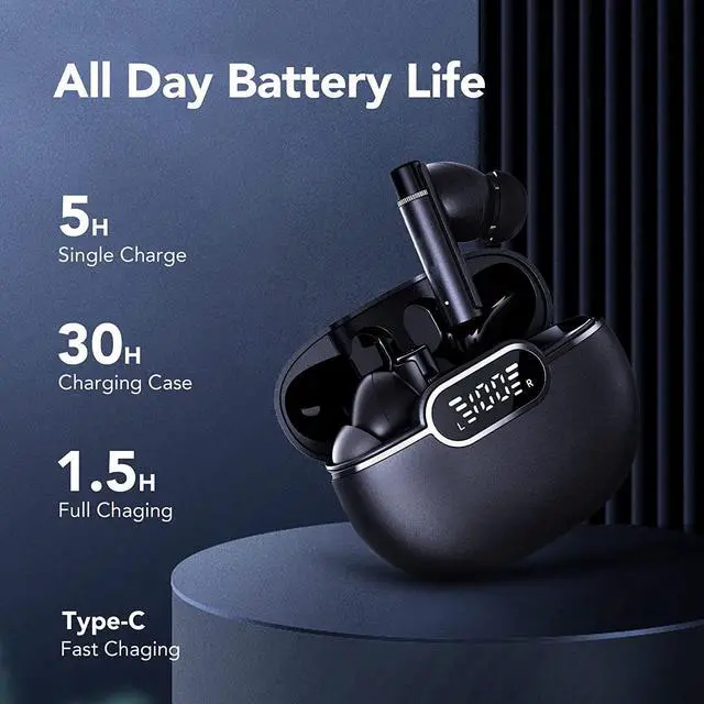 Alt view image 5 of 6 - Ture Wireless Earbuds, Bluetooth 5.3 Headphones, 35Hrs Playtime HD Stereo Audio LED Display, Mini Bluetooth Earbuds and Dual Mic with Deep Bass, Type-C, for Running Sport Gym Workout (Black)