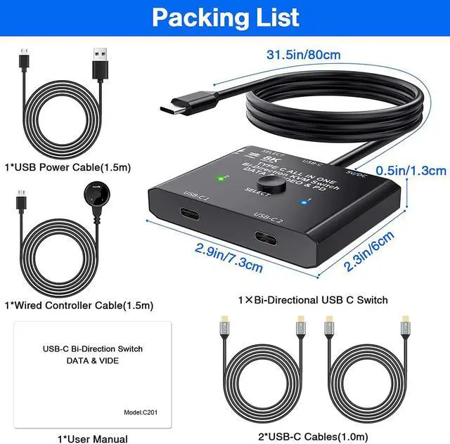 Alt view image 7 of 7 - USB-C Switch,Bi-Directional USB C Switcher 2 in 1 Out/1 in 2 Out Type C KVM Switch Supports 8K @60Hz,4K @120Hz Video / 10Gbps Data Transfer/ 100w Power Delivery Compatible with Thunderbolt Device