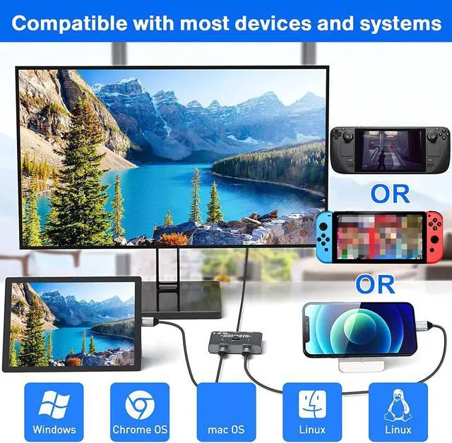 Alt view image 6 of 7 - USB-C Switch,Bi-Directional USB C Switcher 2 in 1 Out/1 in 2 Out Type C KVM Switch Supports 8K @60Hz,4K @120Hz Video / 10Gbps Data Transfer/ 100w Power Delivery Compatible with Thunderbolt Device