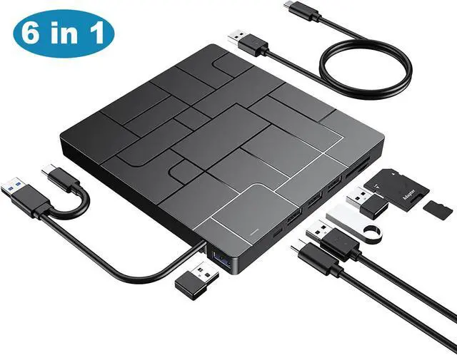 Main image of [6 in 1] External CD DVD Drive, Type C&USB 3.0 External CD DVD Burner for Laptop with 4 USB Ports&2 SD Card Slots&1 Type-C Ports, CD/DVD ROM +/-RW Optical Disk Drive for Windows 11/10/8/7 Linux Mac OS