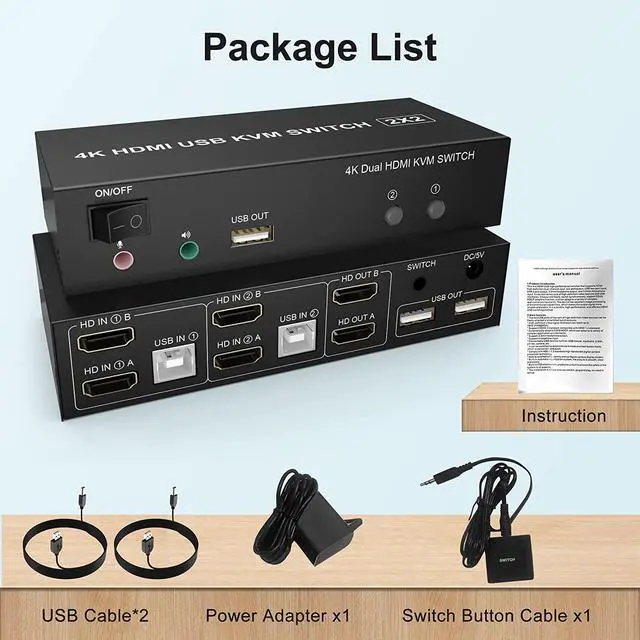 Alt view image 7 of 7 - 2 Port Dual Monitor HDMI KVM Switch 2 in 2 Out, 4K @60Hz Extended Display KVM Switch 2 Monitors 2 Computers with Audio Microphone Output and 3 USB Ports, PC Monitor Keyboard Mouse Switcher