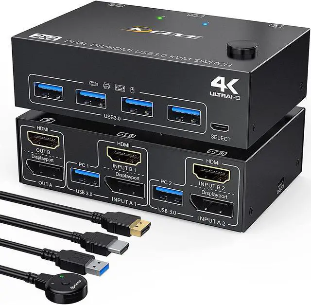 Main image of DisplayPort + HDMI Dual Monitor KVM Switch 4K @60Hz, 2K @120Hz USB 3.0 HDMI DP Extended Display Switcher for 2 Computers Share 2 Monitors and 4 USB 3.0 Ports,Wired Remote and 4 Cables Included