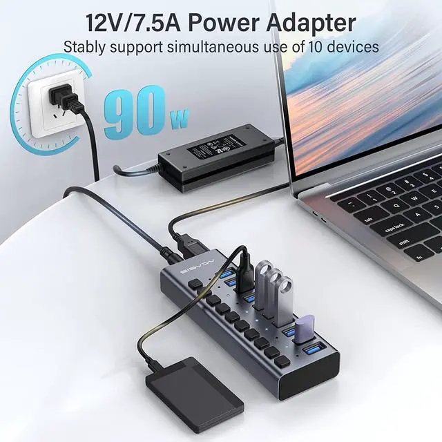 Alt view image 3 of 7 - Powered USB 3.0 Hub, 10 Ports USB 3.0 Data Hub, with Individual On/Off Switches, 12V/4A 48W Power Adapter, USB Hub 3.0 Splitter Extension for M-a-c-Book, Ma-c Pro/Mini, i-M-a-c, Sur-face Pro Laptop/PC