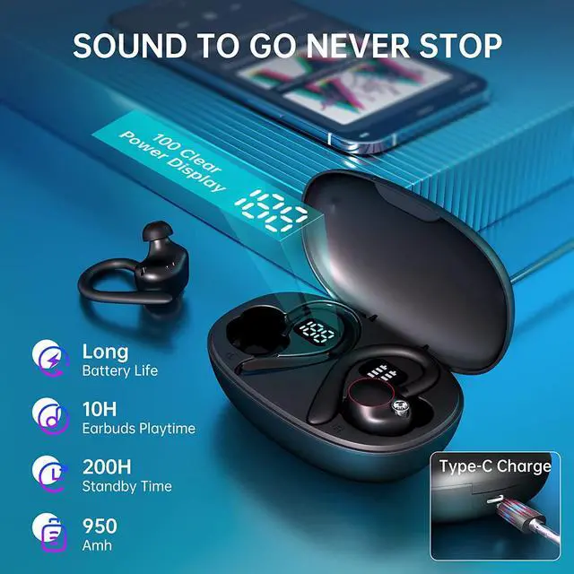 Alt view image 3 of 7 - Ture Wireless Earbuds, Bluetooth Headphones 60hrs Playback IPX7 Waterproof Earphones Over-Ear Stereo Bass Headset with Earhooks Microphone LED Battery Display for Sports/Workout/Gym/Running