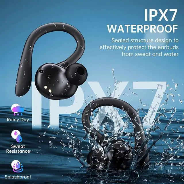 Alt view image 4 of 7 - Ture Wireless Earbuds, Bluetooth Headphones 60hrs Playback IPX7 Waterproof Earphones Over-Ear Stereo Bass Headset with Earhooks Microphone LED Battery Display for Sports/Workout/Gym/Running