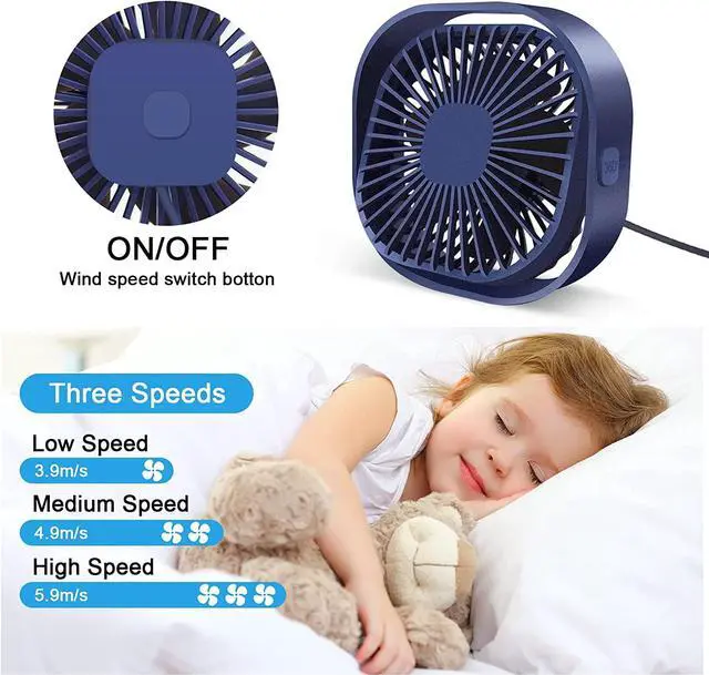 Alt view image 4 of 7 - Small USB Desk Fan, 4 Inch Personal Portable Table Cooling Fan 3 Speeds Quiet Mini 360° Rotation Desktop Fan with Cable Powered by USB for Home Office Bedroom Car Outdoor Camping Travel (Blue)