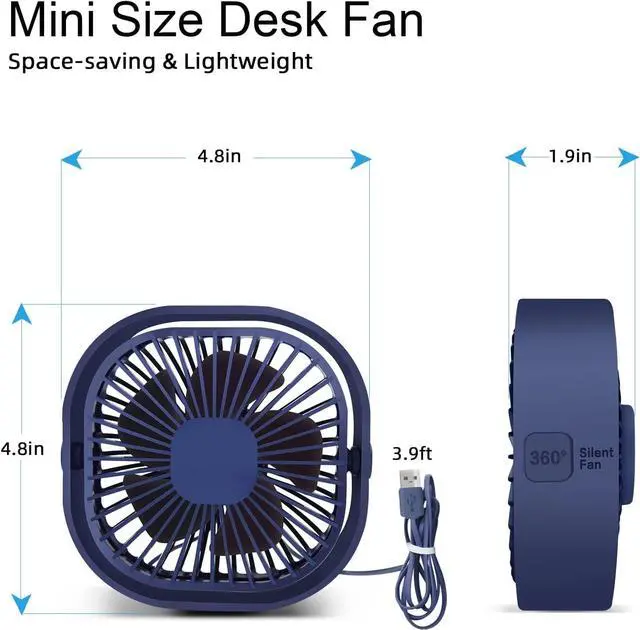 Alt view image 7 of 7 - Small USB Desk Fan, 4 Inch Personal Portable Table Cooling Fan 3 Speeds Quiet Mini 360° Rotation Desktop Fan with Cable Powered by USB for Home Office Bedroom Car Outdoor Camping Travel (Blue)