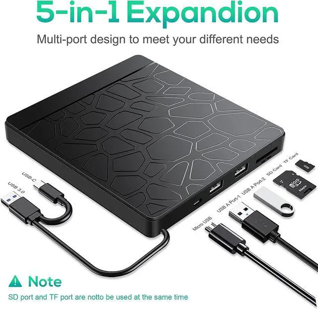 Alt view image 2 of 7 - External CD DVD Drive for laptop Windows 11 10, USB 3.0 and Type-C Portable CD DVD +/-RW ROM Drive Reader CD/DVD Burner Rewriter with SD TF Slot & 2x USB Ports, Slim DVD/CD Player for Linux, Mac OS