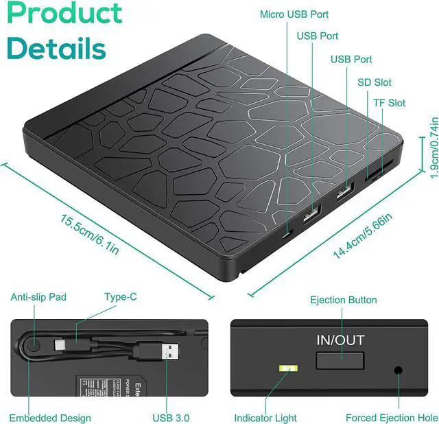 Alt view image 3 of 7 - External CD DVD Drive for laptop Windows 11 10, USB 3.0 and Type-C Portable CD DVD +/-RW ROM Drive Reader CD/DVD Burner Rewriter with SD TF Slot & 2x USB Ports, Slim DVD/CD Player for Linux, Mac OS