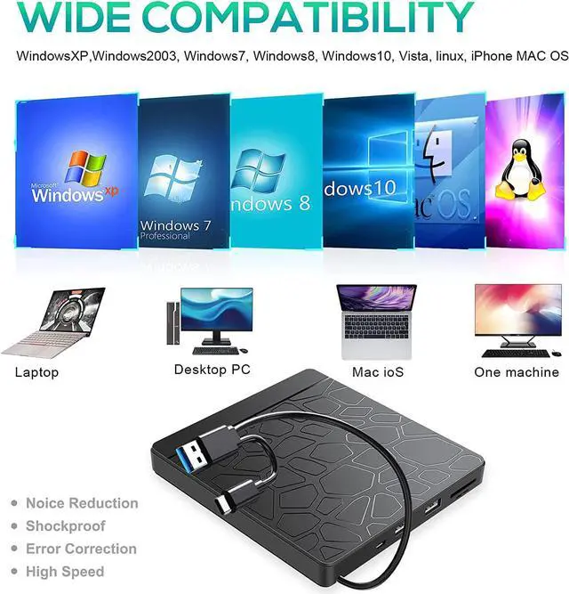 Alt view image 4 of 7 - External CD DVD Drive for laptop Windows 11 10, USB 3.0 and Type-C Portable CD DVD +/-RW ROM Drive Reader CD/DVD Burner Rewriter with SD TF Slot & 2x USB Ports, Slim DVD/CD Player for Linux, Mac OS