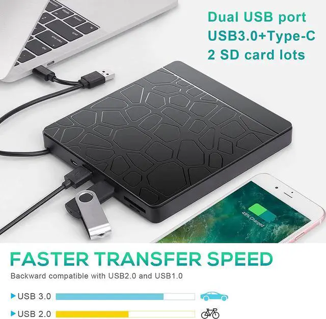 Alt view image 7 of 7 - External CD DVD Drive for laptop Windows 11 10, USB 3.0 and Type-C Portable CD DVD +/-RW ROM Drive Reader CD/DVD Burner Rewriter with SD TF Slot & 2x USB Ports, Slim DVD/CD Player for Linux, Mac OS