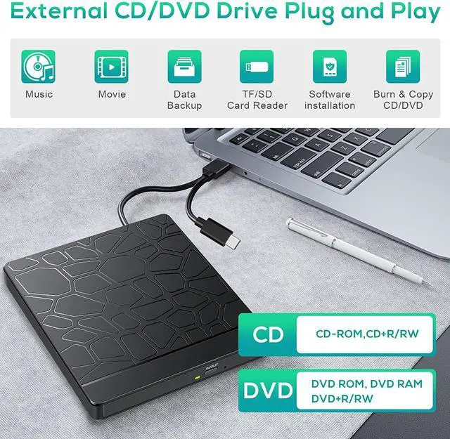 Alt view image 5 of 7 - External CD DVD Drive for laptop Windows 11 10, USB 3.0 and Type-C Portable CD DVD +/-RW ROM Drive Reader CD/DVD Burner Rewriter with SD TF Slot & 2x USB Ports, Slim DVD/CD Player for Linux, Mac OS