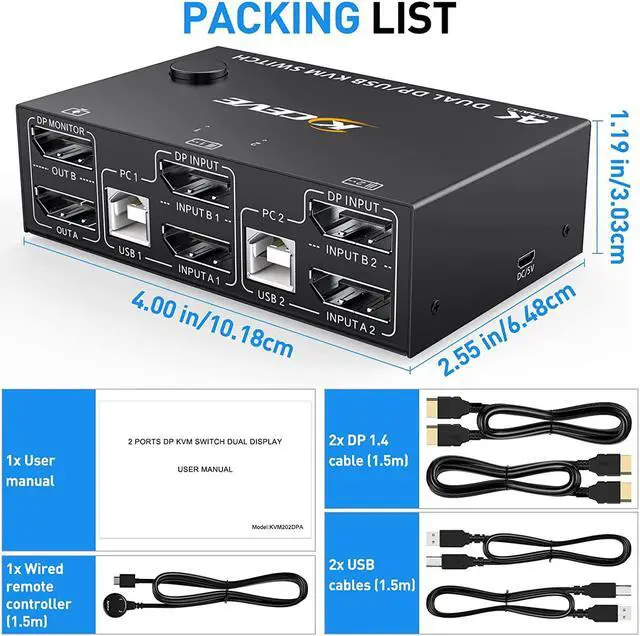Alt view image 7 of 7 - 2 Port DP KVM Switch Dual Monitor, 8K@30Hz 4K@144Hz DisplayPort KVM Switch 2 in 2 Out, with 4 USB Port for 2 Computers 2 Monitors, Backward Compatible DP1.2 with DP+USB Cables and Wired Controller