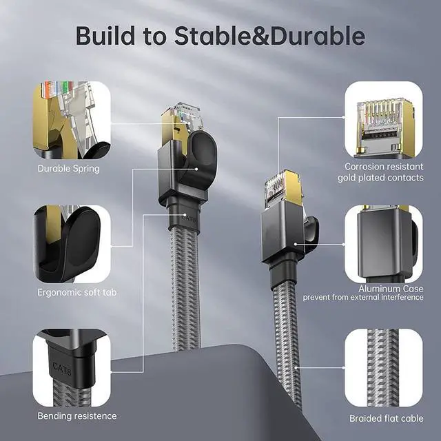 Alt view image 3 of 7 - Cat 8 Ethernet Cable 3.3FT/1M, 26AWG Flat Braided High Speed Network LAN Cable 40gbps 2000mhz, Heavy Duty Shielded Ethernet Cord with Gold Plated RJ45 Connectors for Router Modem Gaming PS5/4, Xbox