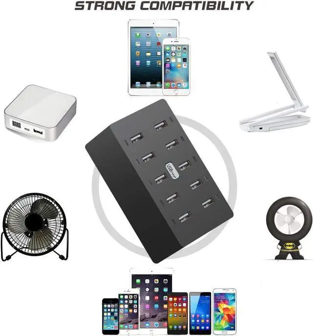 Alt view image 6 of 7 - 10 Ports Wall USB Charger, 50W 10-Port Family-Sized Desktop USB Rapid Charger,Multiple Charging Station, Compatible with Smartphones and Other USB Charging Devices (Black)