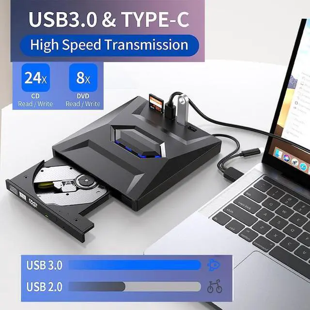 Alt view image 2 of 7 - [4 in 1] External CD/DVD Drive for Laptop, USB 3.0& Type C DVD Player Portable CD/DVD Burner, CD ROM External DVD Drive for Laptop Compatible with Laptop Desktop PC Windows 11/10/8/7 Linux MacOS