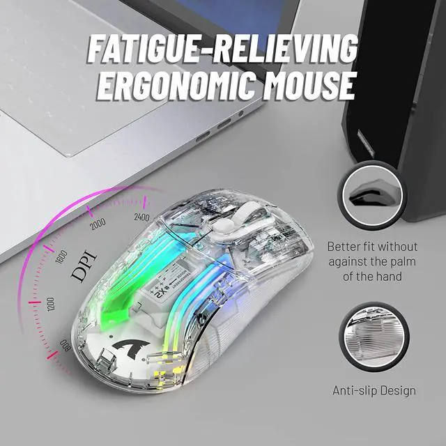 Alt view image 6 of 7 - Wireless Gaming Mouse with Full Transparent Design,Tri-Mode 2.4G/USB-C/Bluetooth Mouse, 3D RGB Backlit,Ergonomic Silent Mouse with 7 Buttons, Rechargeable Wireless Mice 2400dpi for Laptop,PC,Mac