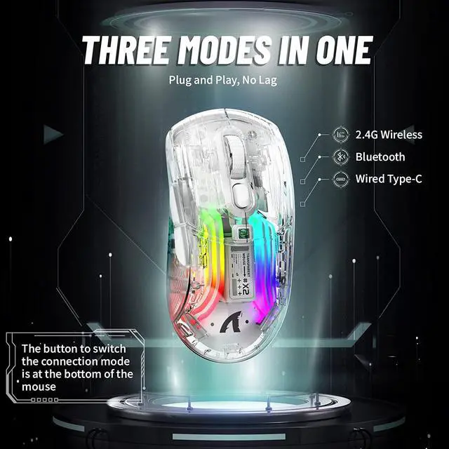 Alt view image 2 of 7 - Wireless Gaming Mouse with Full Transparent Design,Tri-Mode 2.4G/USB-C/Bluetooth Mouse, 3D RGB Backlit,Ergonomic Silent Mouse with 7 Buttons, Rechargeable Wireless Mice 2400dpi for Laptop,PC,Mac