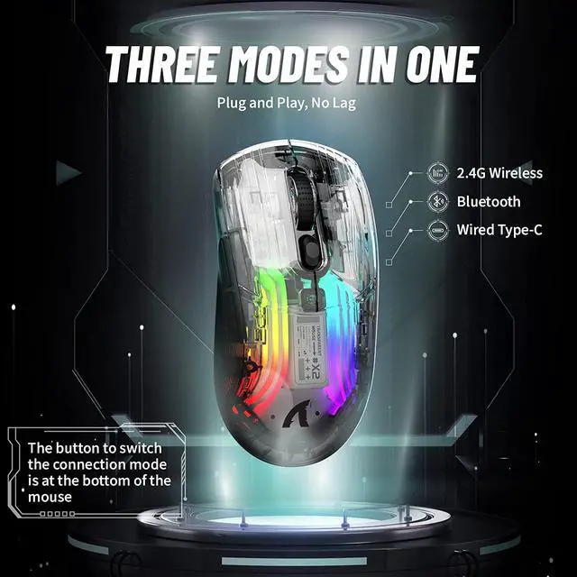 Alt view image 2 of 7 - Wireless Gaming Mouse with Full Transparent Design,Tri-Mode 2.4G/USB-C/Bluetooth Mouse, 3D RGB Backlit,Ergonomic Silent Mouse with 7 Buttons, Rechargeable Wireless Mice 2400dpi for Laptop,PC,Mac