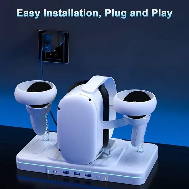 Alt view image 2 of 7 - VR Charging Dock for Oculus Quest 2, Charging Stand for Meta Quest 2, VR Accessories Charging Station Charge Headset Controller with USB-C Cable Support Colorful Lights