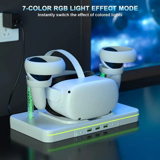 Alt view image 3 of 7 - VR Charging Dock for Oculus Quest 2, Charging Stand for Meta Quest 2, VR Accessories Charging Station Charge Headset Controller with USB-C Cable Support Colorful Lights