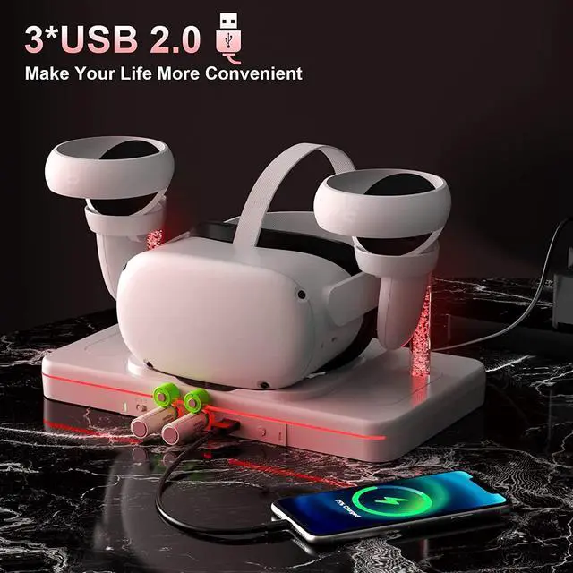 Alt view image 4 of 7 - VR Charging Dock for Oculus Quest 2, Charging Stand for Meta Quest 2, VR Accessories Charging Station Charge Headset Controller with USB-C Cable Support Colorful Lights